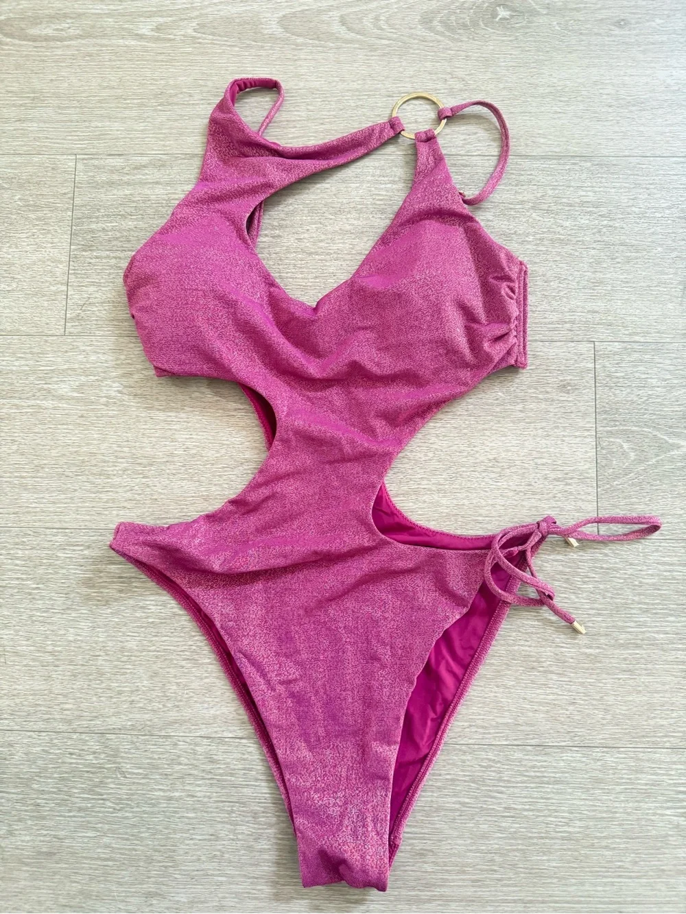 Honey Birdette Metallic Fuchsia Pink Ring Detail Cutout One-Piece Swimsuit S